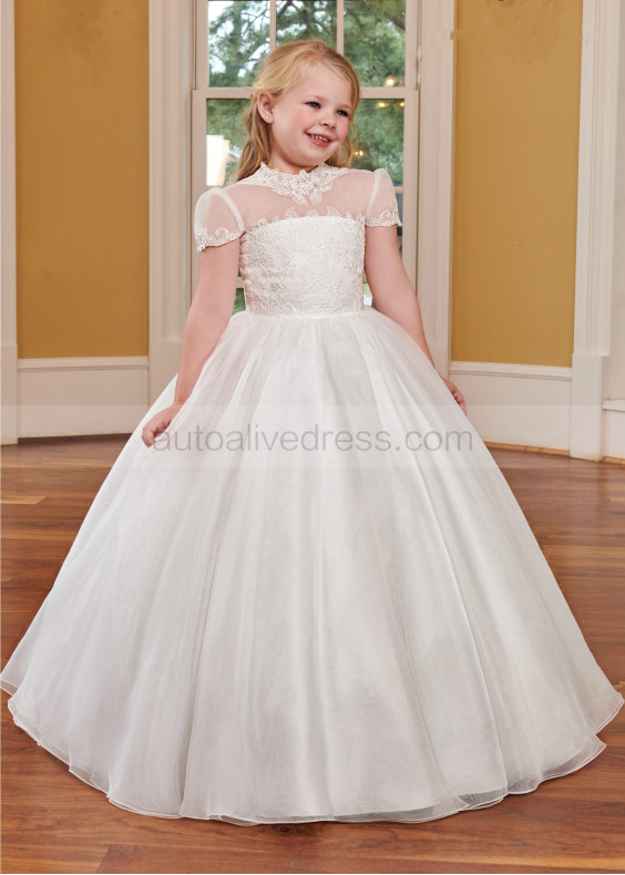 Cap Sleeves Ivory Lace Organza Keyhole Back Flower Girl Dress